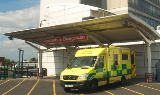 An ambulance in the entrance to the emergency department at Hillingdon Hospitals NHS Foundation Trust