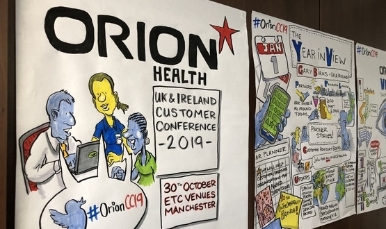 "Drawnalism" sketches drawn during Orion Health's 2019 UK&I customer conference